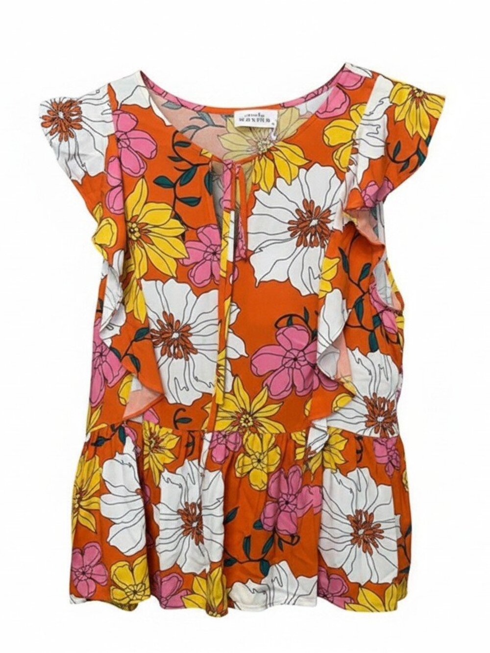 Emily Wonder Orange Floral Ruffle Peplum Flutter Sleeve Tie Neck Top Size S